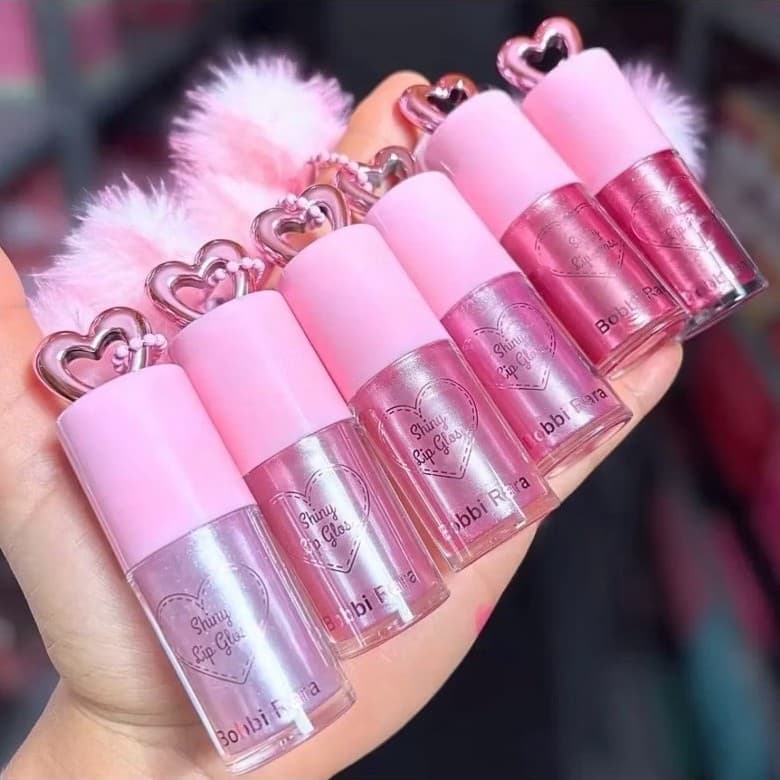 Lip Gloss Shiny Bobbi Rara com Chaveiro Pompom | Gloss Labial Rosa com Brilho | Chaveiro Fofo
