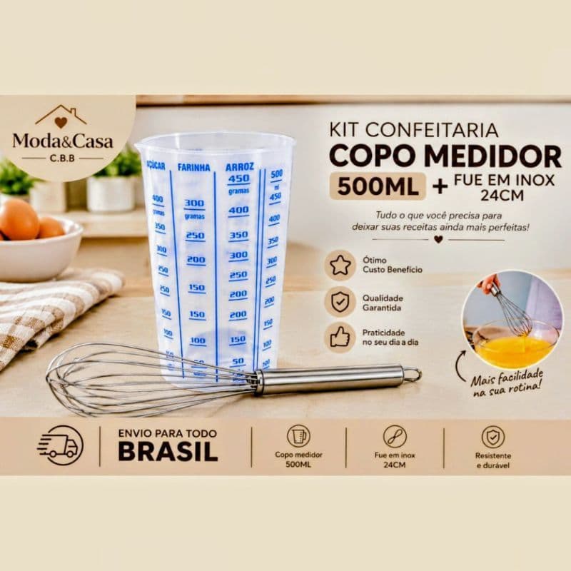 Kit Confeitaria Copo Medidor 500ML+ Fue 24 CM em Inox