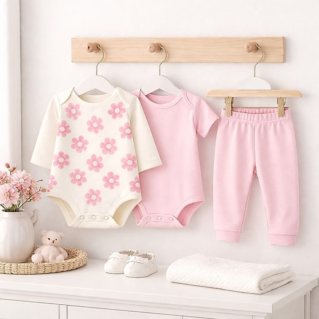 Kit Roupa Bebe Menina 3 Pecas Trijunto Body Manga Longa Curta e Calca Suedine Algodao
