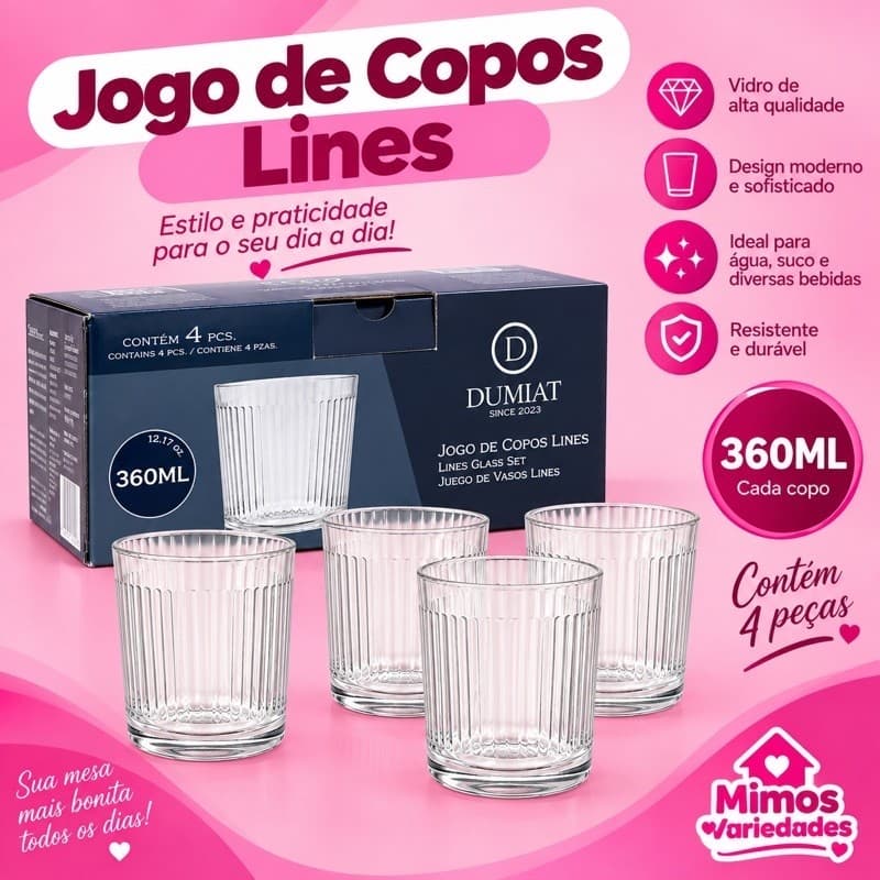 JOGO DE 4 COPOS DE VIDROS CANELADOS 360 ML CADA RESISTENTE ALTA QUALIDADE