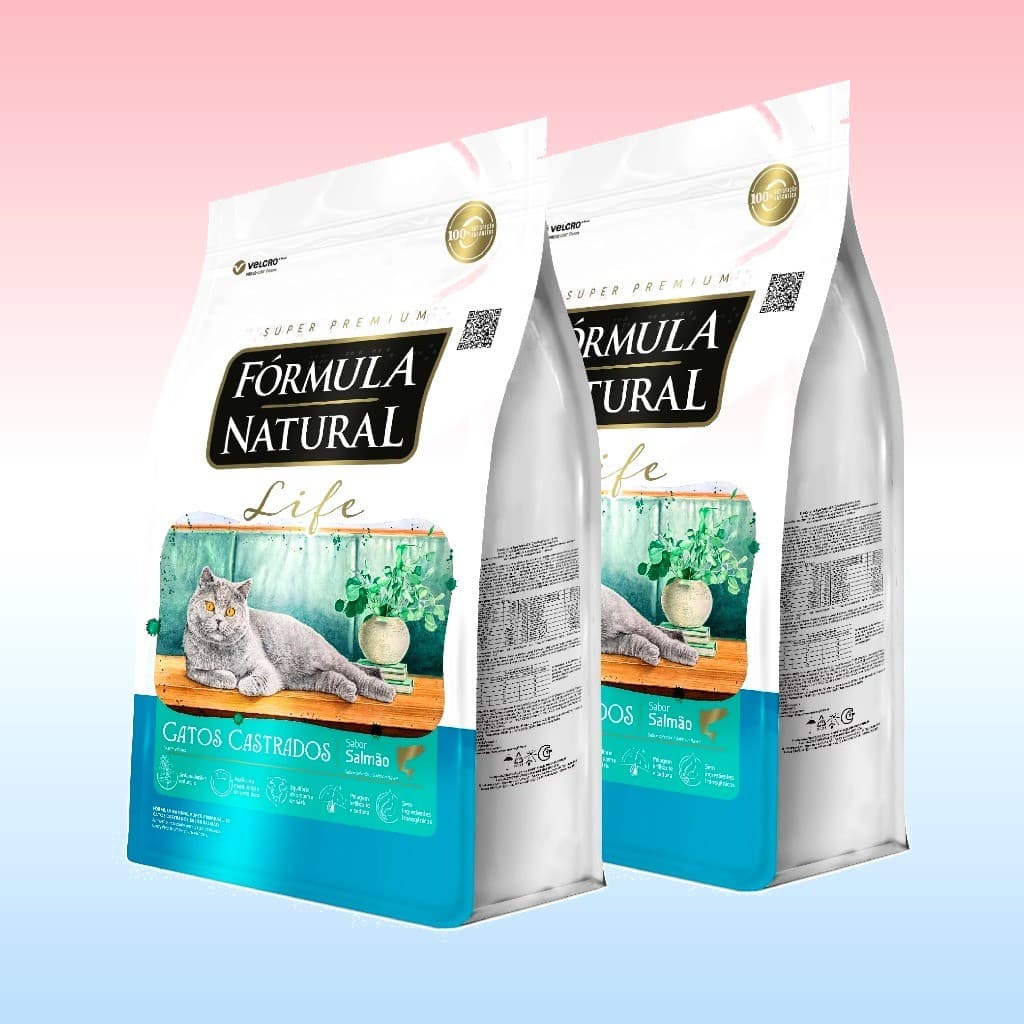 Kit Ração Seca 2 Fórmula Natural Life Gatos Castrados Sabor Salmão 10,1 KG Adimax Total de 20 KG
