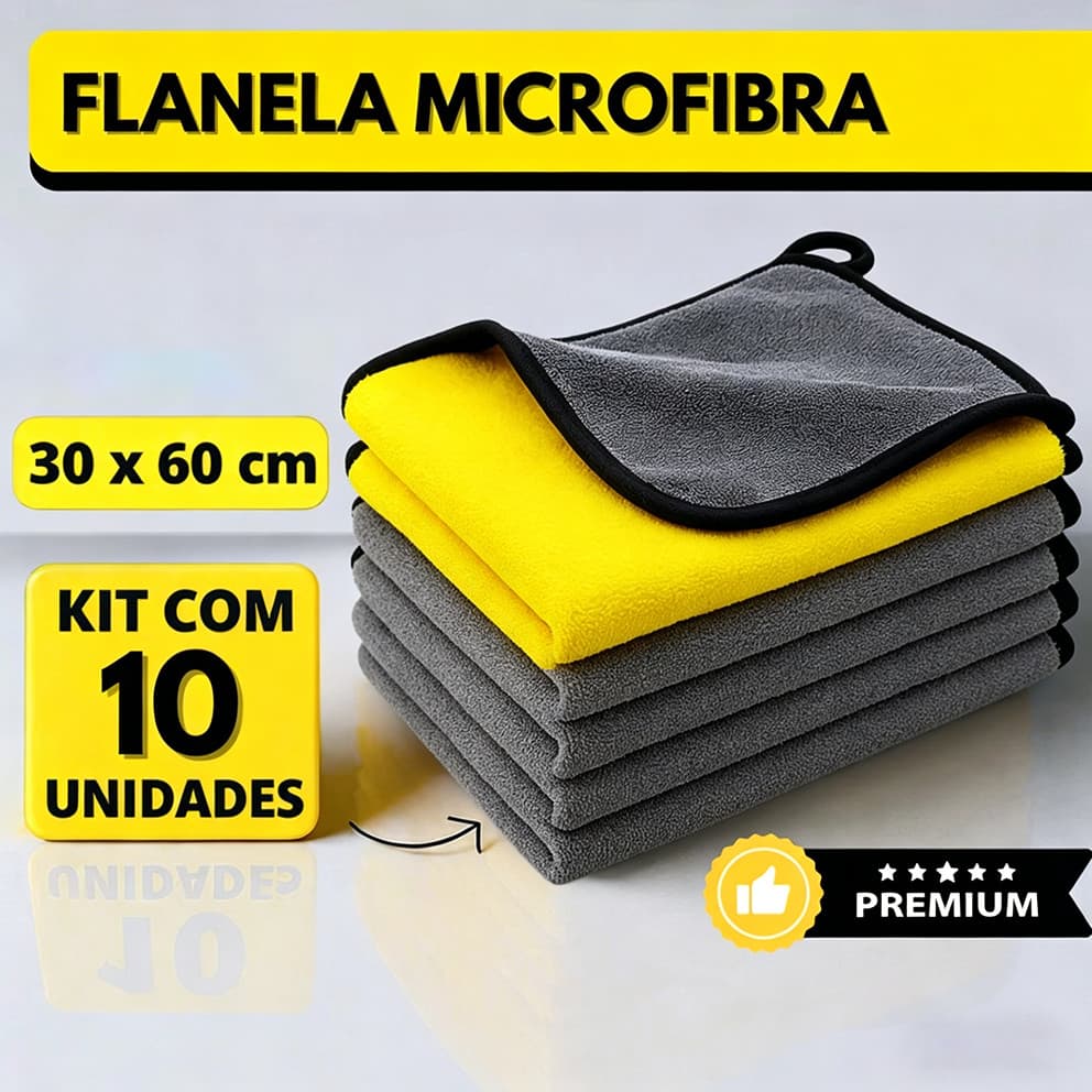 Kit 10 Flanela Microfibra Automotiva 30x60cm 600GSM Premium Para Lavagem de Carro