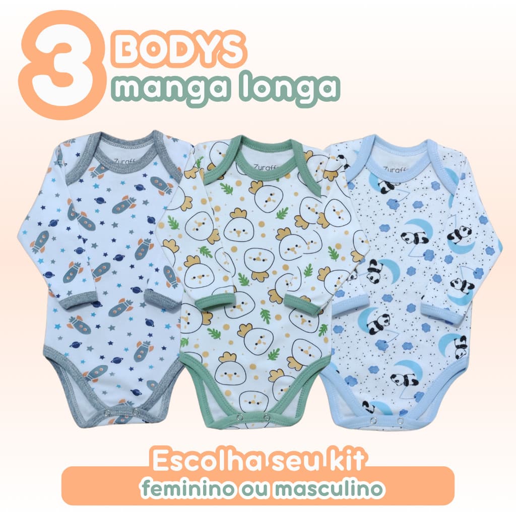 Kit 3 Peças Body Bebê Algodão Manga Longa Estampado Gola Envelope Feminino Masculino Verão Meia Estação Zuraffa Baby