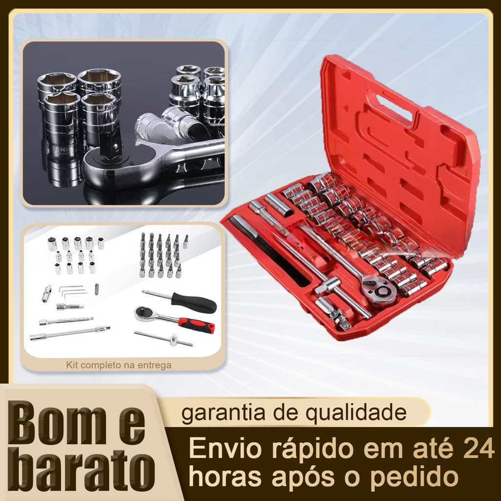 Kit Ferramentas Mecânicas 46 Peças Chave Catraca Reversível 1/4 Aço Cromado Maleta Organizadora para Reparos