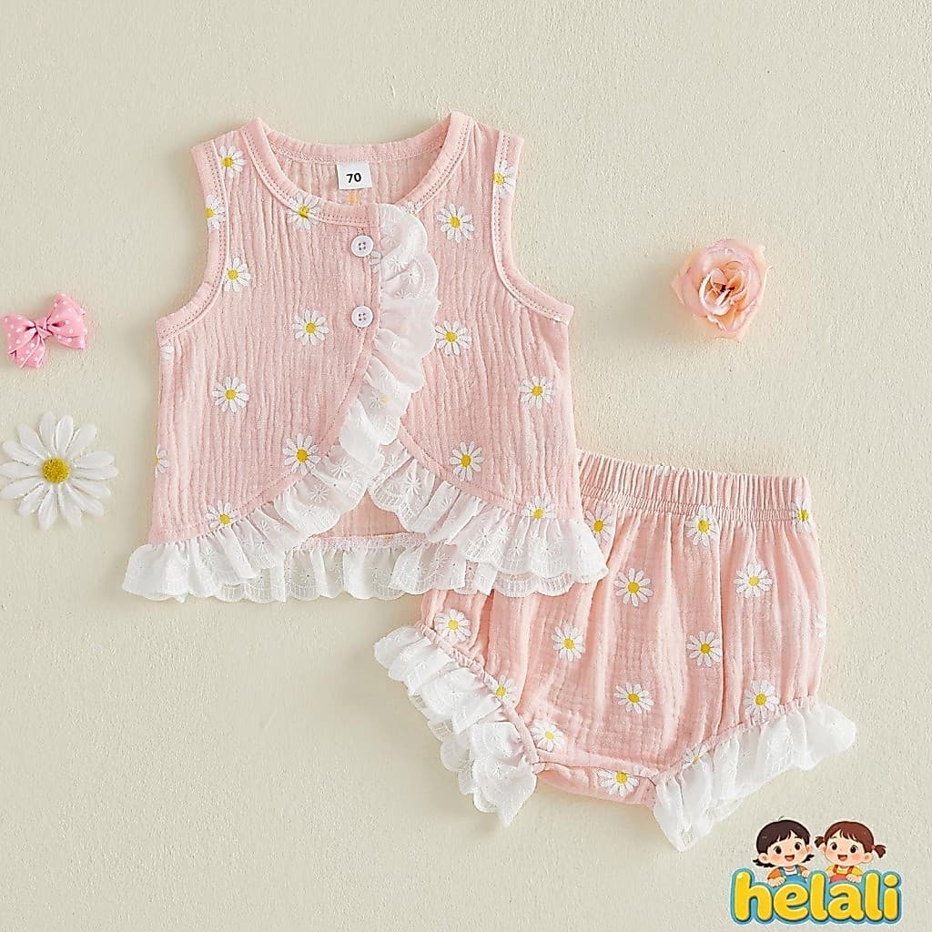 [Hali] Conjunto De 2 Peças De Regata E Shorts Sem Mangas Com Estampa De Margaridas Para Bebês Meninas Verão