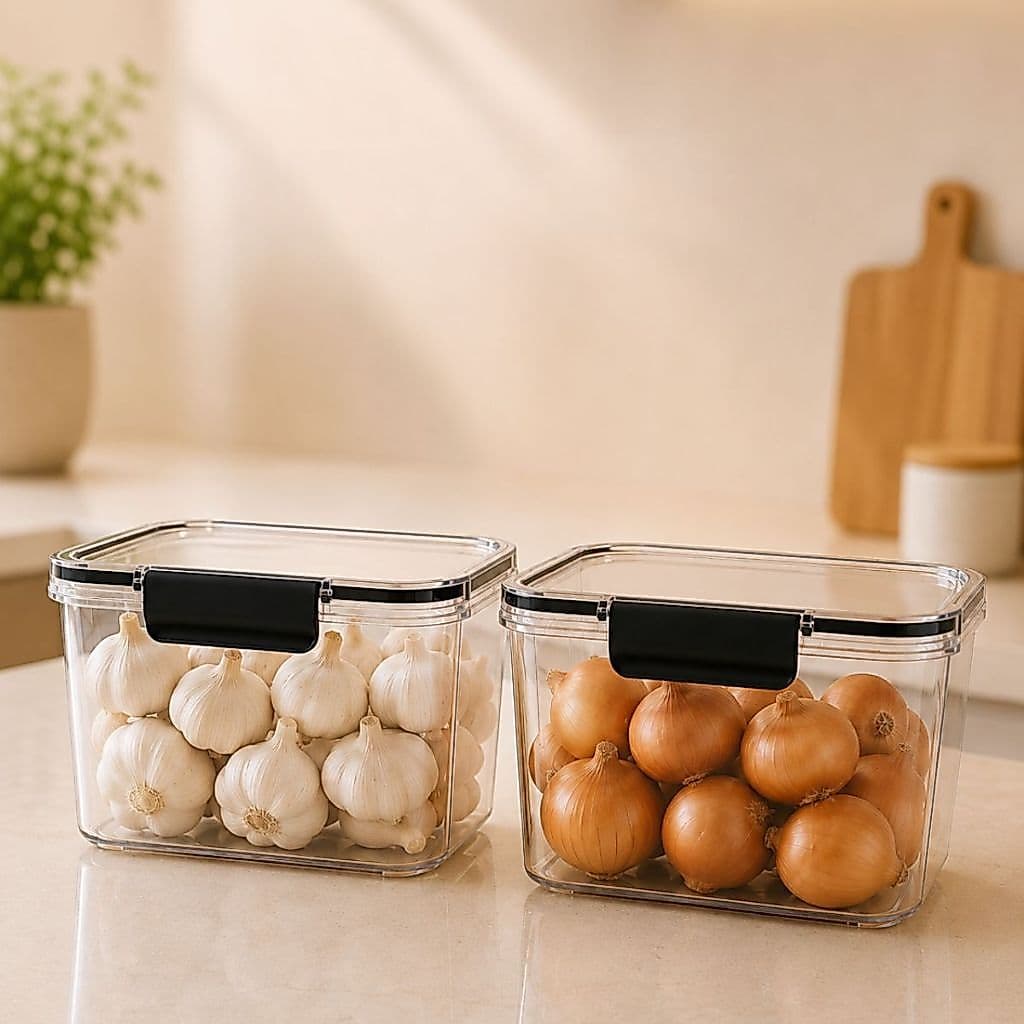 Organizador de Geladeira 1,9L - Pote Hermético com ou sem Etiqueta, Alho Cebola Fruta Verdura
