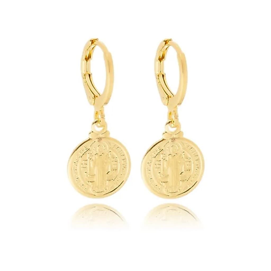 Brinco Argolinha Folheada a Ouro 18k Medalha São Bento G