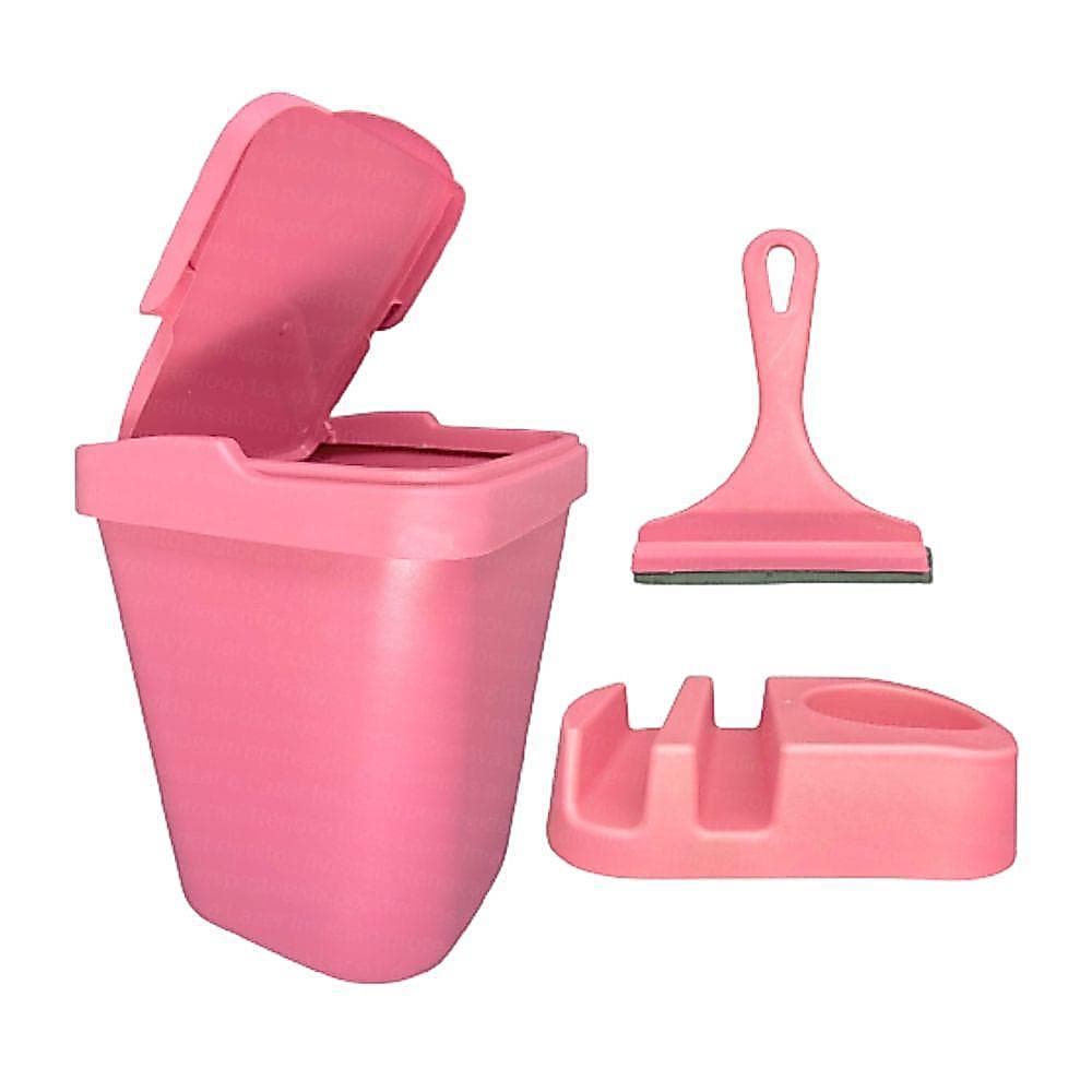 Kit Pia Porta Detergente Rodo e Lixeira Rosa 4,8 litros Area Gourmet Elegance