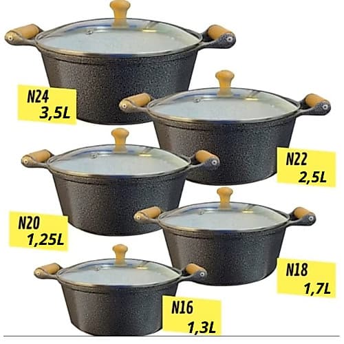 jogo de panela com  tampa de vidro e borda de aço inox do 16 AO 24
