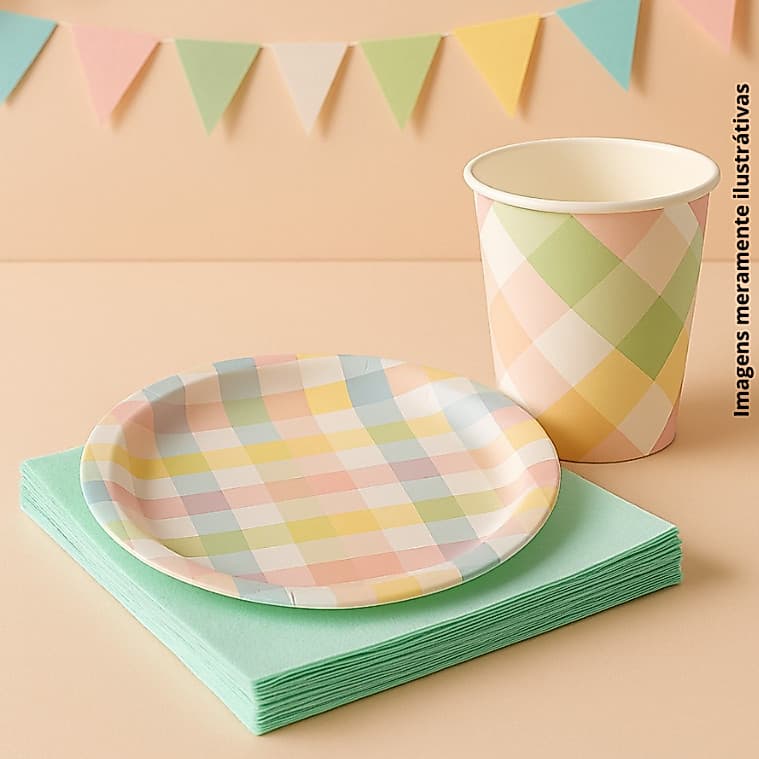 Kit até 120 Itens para Festa Xadrez Candy - Completo Pratos, Copos e Guardanapos - Descartáveis