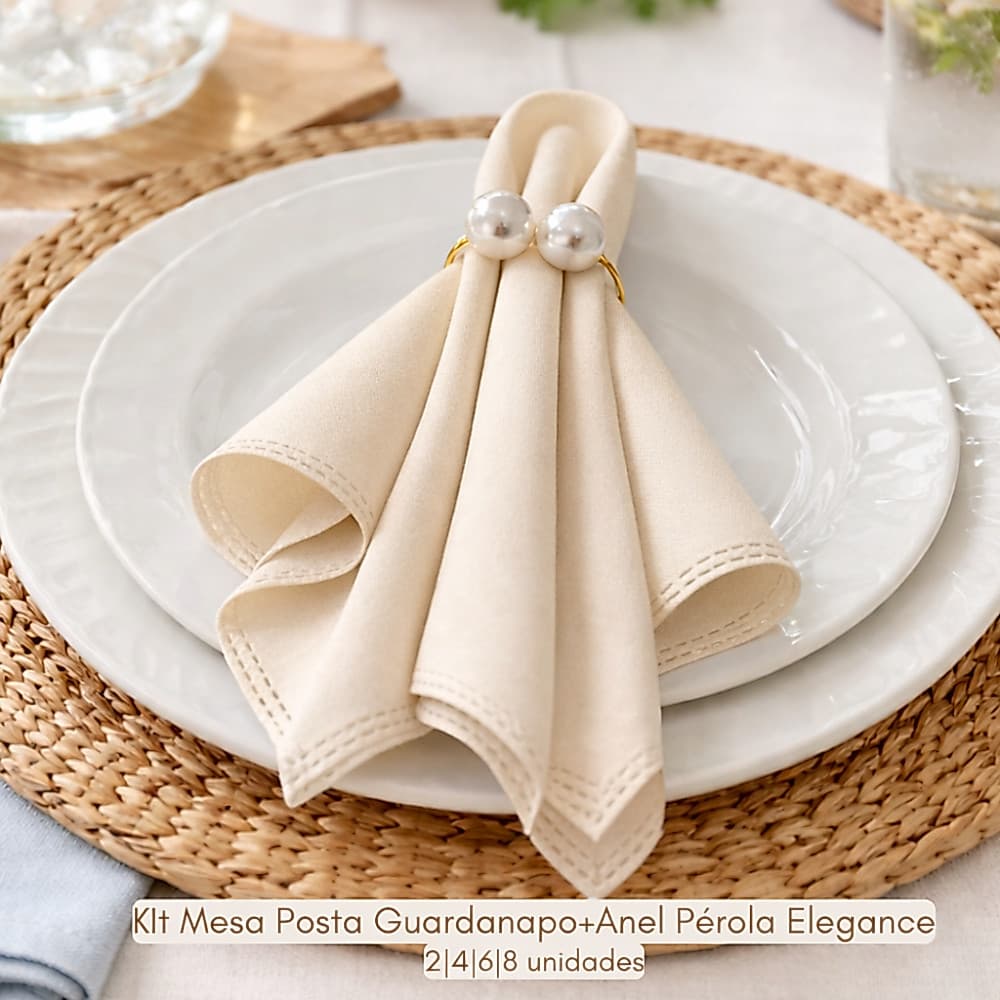 Kit Guardanapo Tecido e Anel Mesa Posta Pérola Elegance Decoração Jantar Casal Dia das Mães Natal