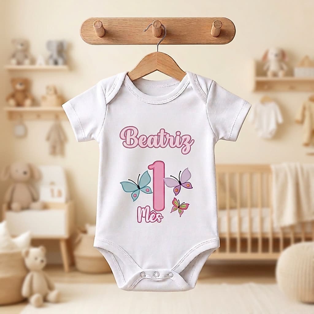 Body Bebê Aniversário Mesversário Borboletas Personalizado com Nome e Mês (Idade) Jardim - Menina