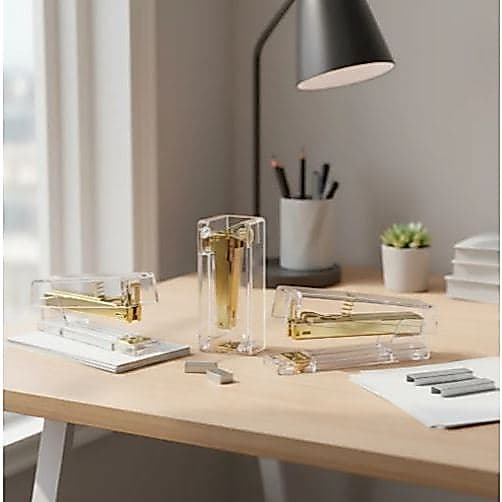 Grampeador Acrílico Kit - Escritório Escolar 20 Folhas Dourado