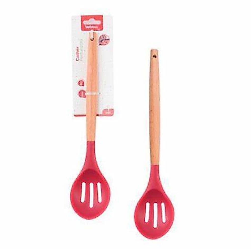 COLHER PERFURADA SILICONE CABO MADEIRA MADIEKITCHEN VERMELHO