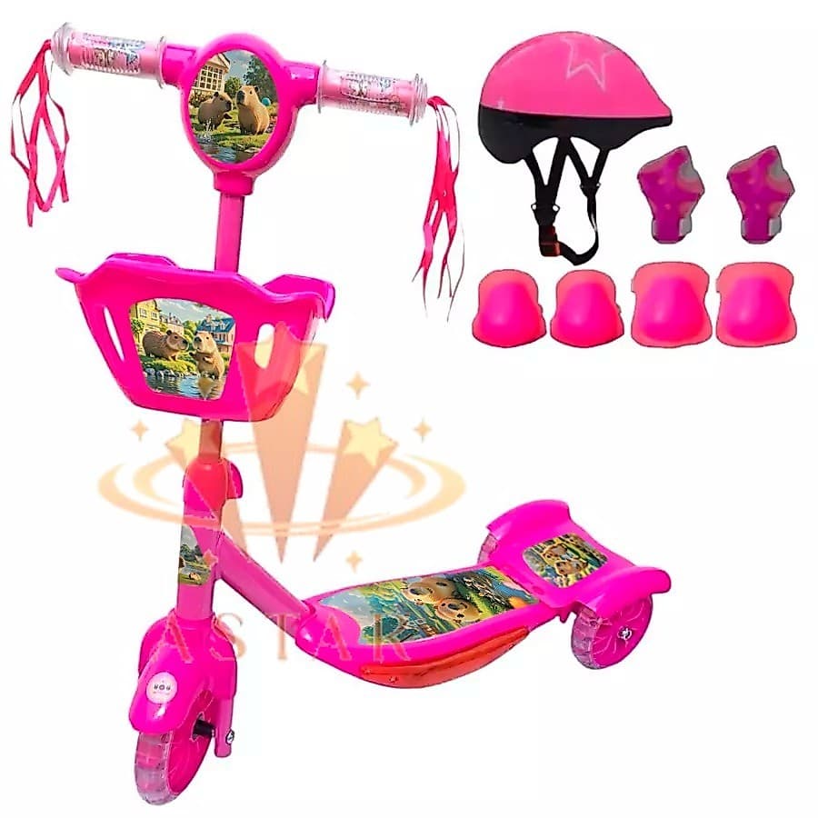 Patinete Infantil Menina 3 Rodas Rosa Com Musica e Luz + Protecao