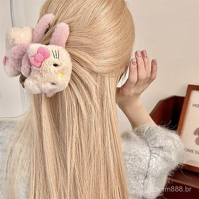 [Rhian] Sanrio Hello Kitty Plush Shark Clip Anime Figura Y2K Sweet Girl Cabelo Acessórios Cartoon Kawaii Retro Grampo Pr