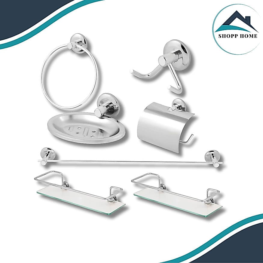 Combo Kit acessorios 5 peças para banheiro + 2 porta shampoo reto. Qualidade, resistência e fácil instalação.