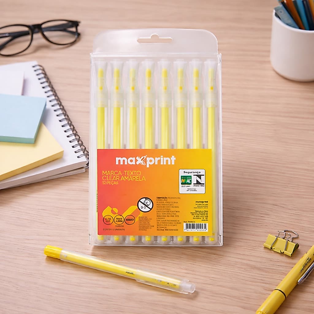Kit 12 Marca Texto Clear Ecowrite Anotações Amarelo - Maxprint