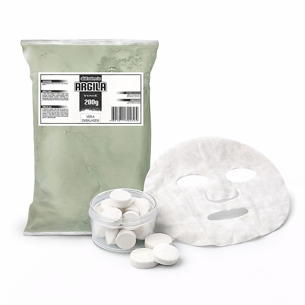 Kit Argila Verde 200g mais Mascara Facial Comprimida Limpeza de Pele Oleosa Acne Spa em Casa