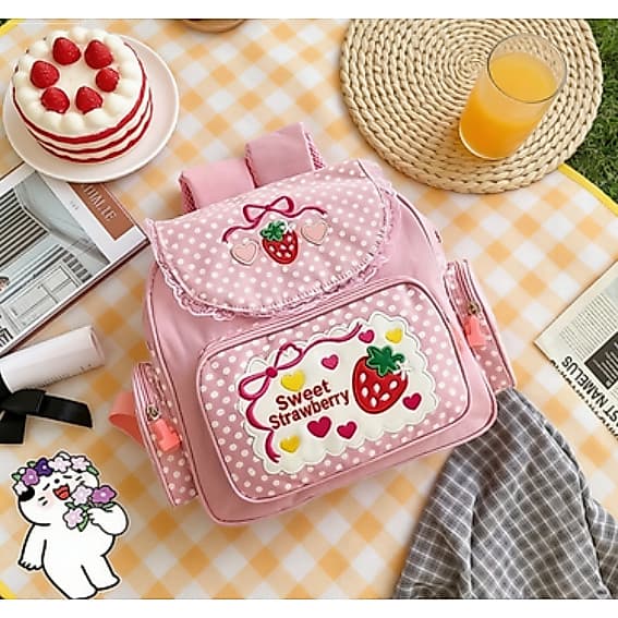 Mochila Fofa Estilo Morango Com Armazenamento Espaçoso E Vários Bolsos 358
