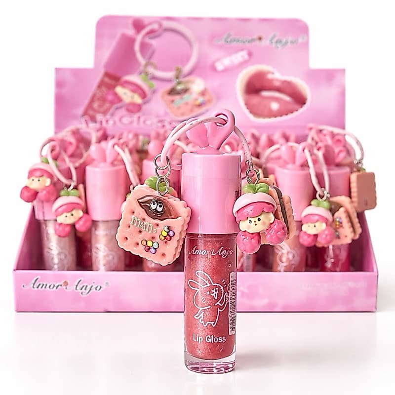 Lip Gloss Infantil com Chaveiro Fofo Amor Anjo Hidratante Brilho Labial Gloss
