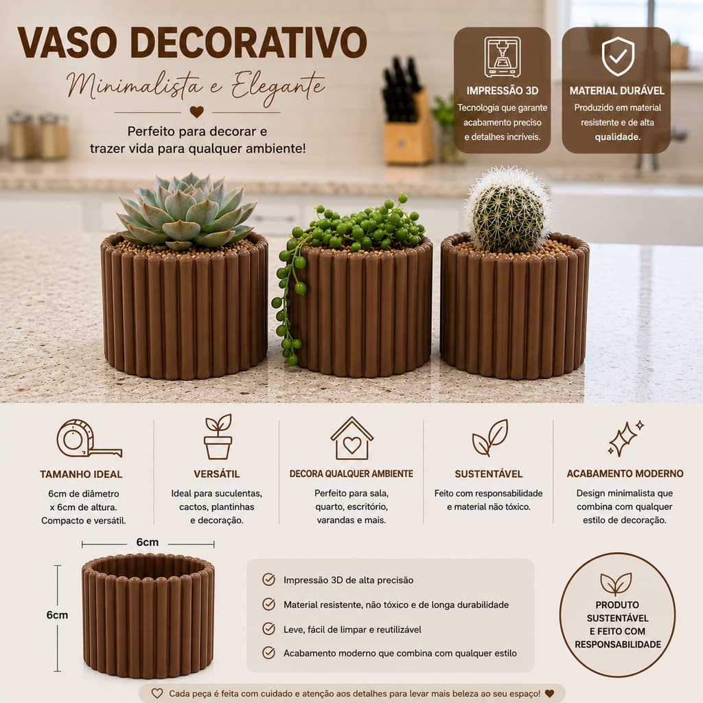 Kit 3 Vasos para suculentas Moderno - Decoração Minimalista Impressão 3D (Cozinha, Sala, Escritório)
