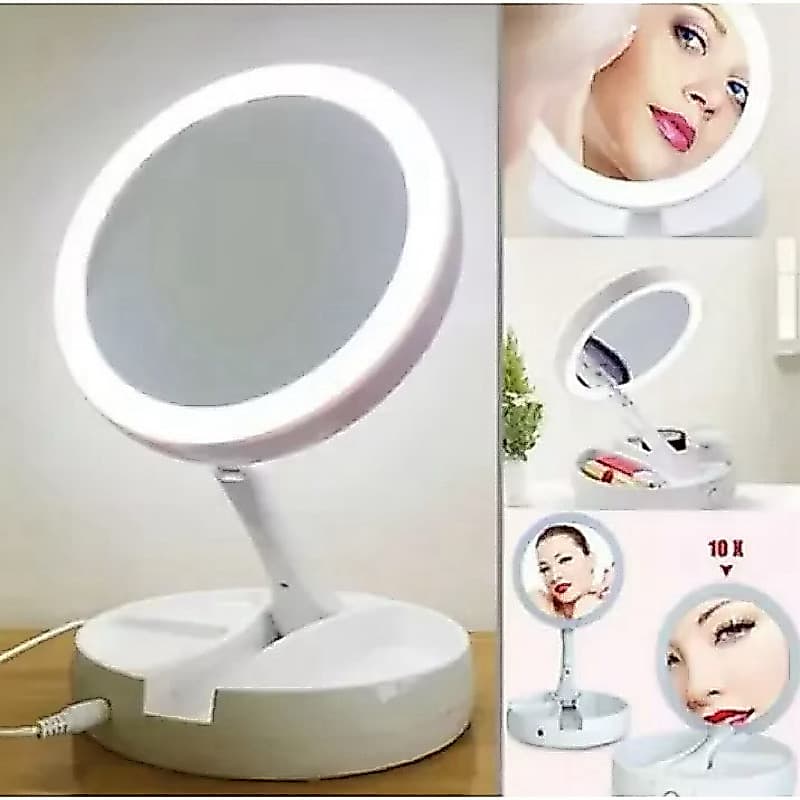 Espelho Com Led De Mesa Com Aumento 10x Led Luz Dobravel Maquiagem Usb Organizador Beleza