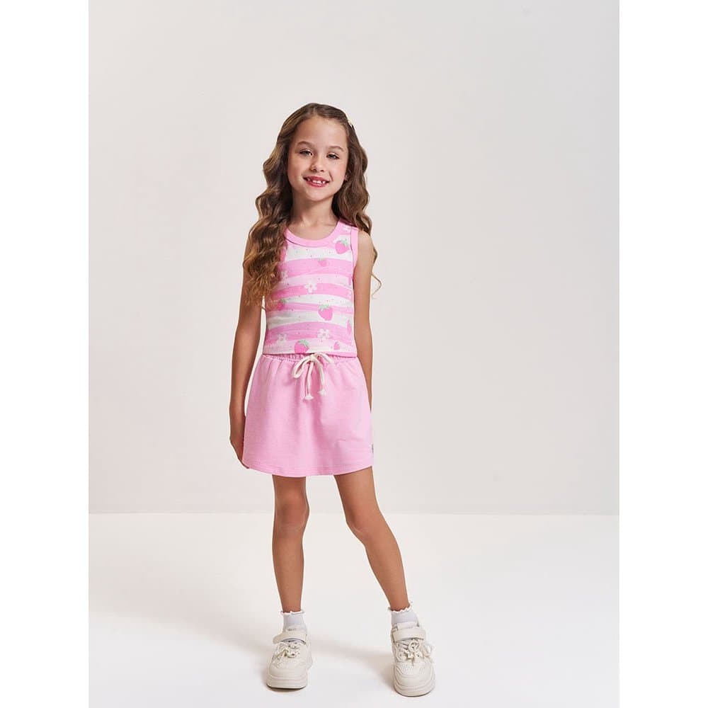 Conjunto Infantil Feminino Cinti Regata Estampada de Morangos + Short Saia Rosa