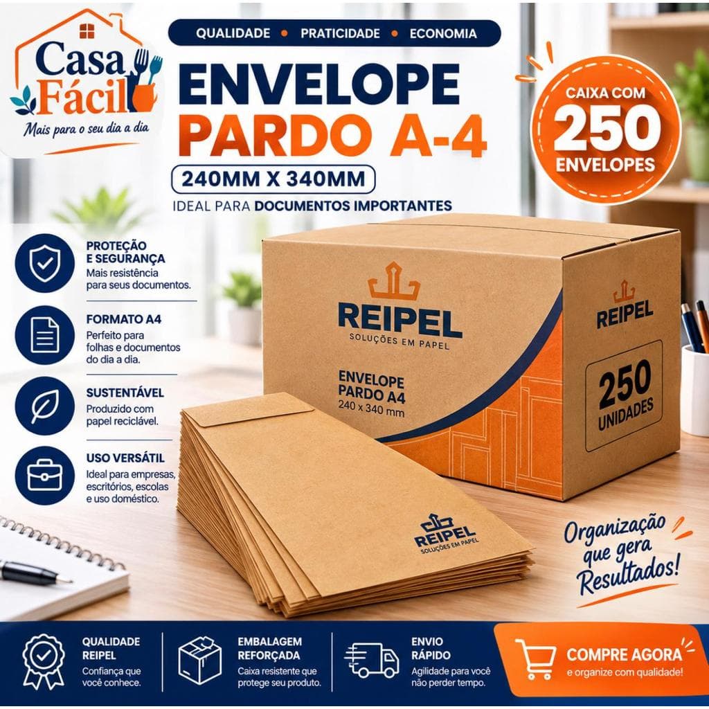 Caixa com 250 Envelopes Pardos-Tamanho 240x340- Envio Protegido