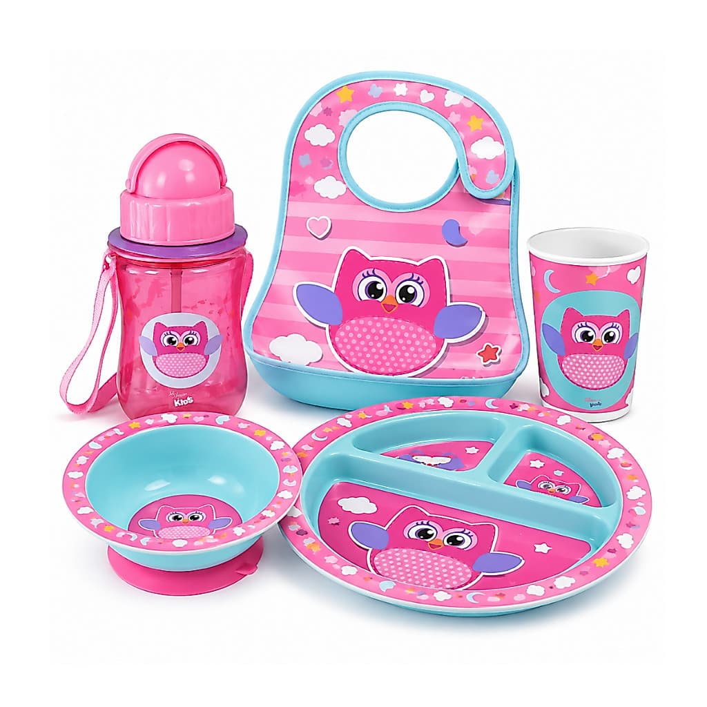 kit Alimentação Infantil Corujinha Rosa Prato Copo Tigela Babador Squeeze