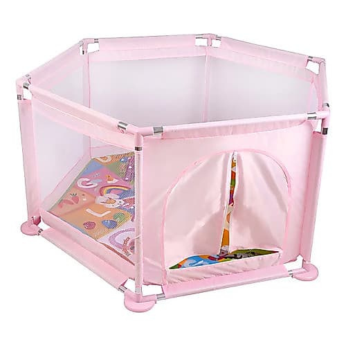 Cercadinho Infantil Bebê Chiqueirinho Portátil Cor Rosa Desenho Tecido Liso