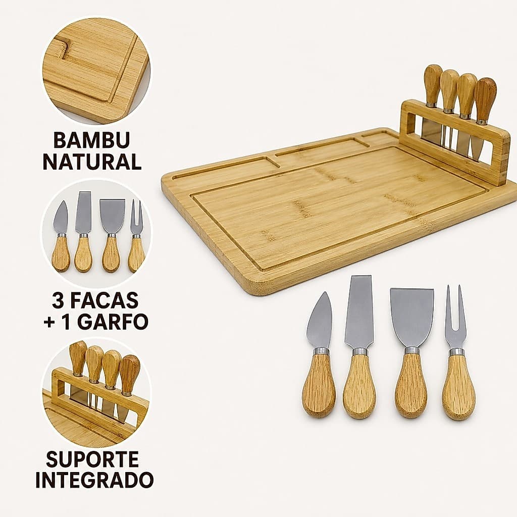 Tábua para Queijos Frios Bandeja de Bambu Simples com 3 Facas e Garfo Chique