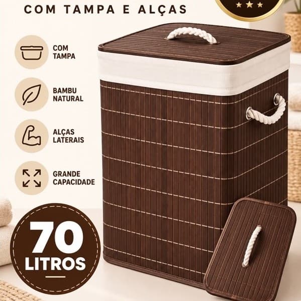 Cesto de organização 70 Litros Tampa com alças Bambu Natural Marrom Roupas Brinquedos Objetos
