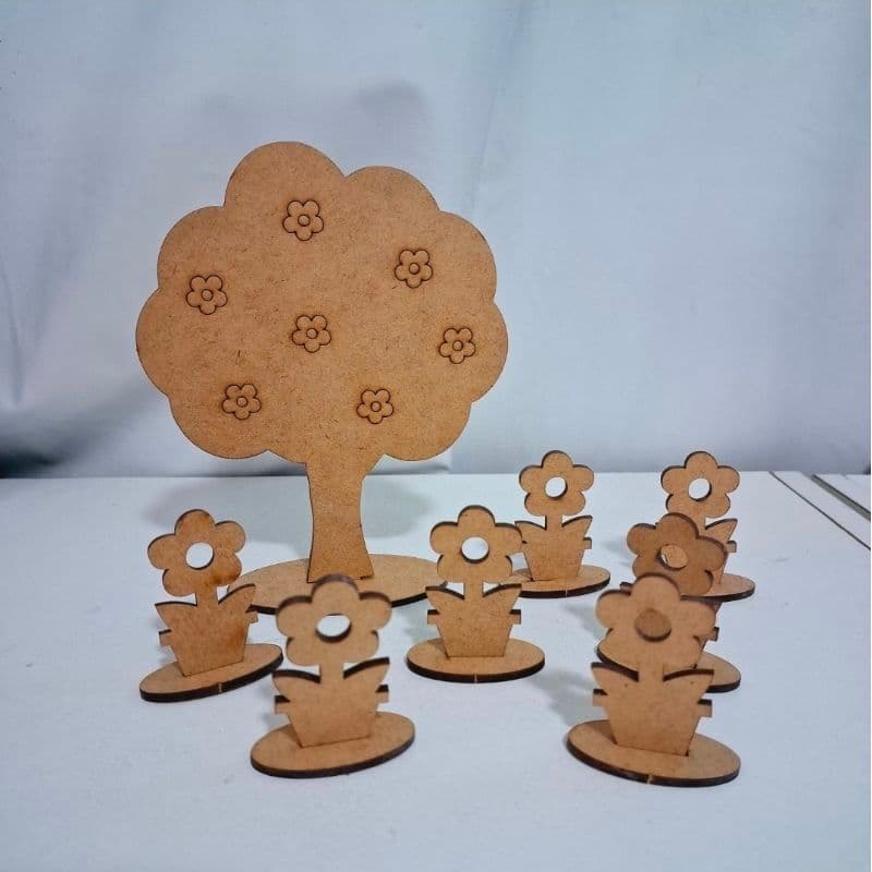 Kit Mini Árvore + 7 florzinhas de Mdf Cru Para Enfeites de Mesa