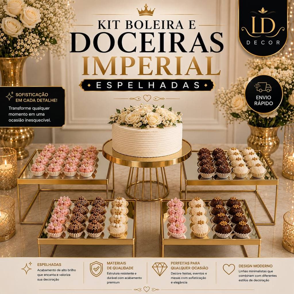 KIT IMPERIAL ESPELHO DECORACAO FESTA E CASAMENTO BOLEIRA 30cm E DOCEIRAS