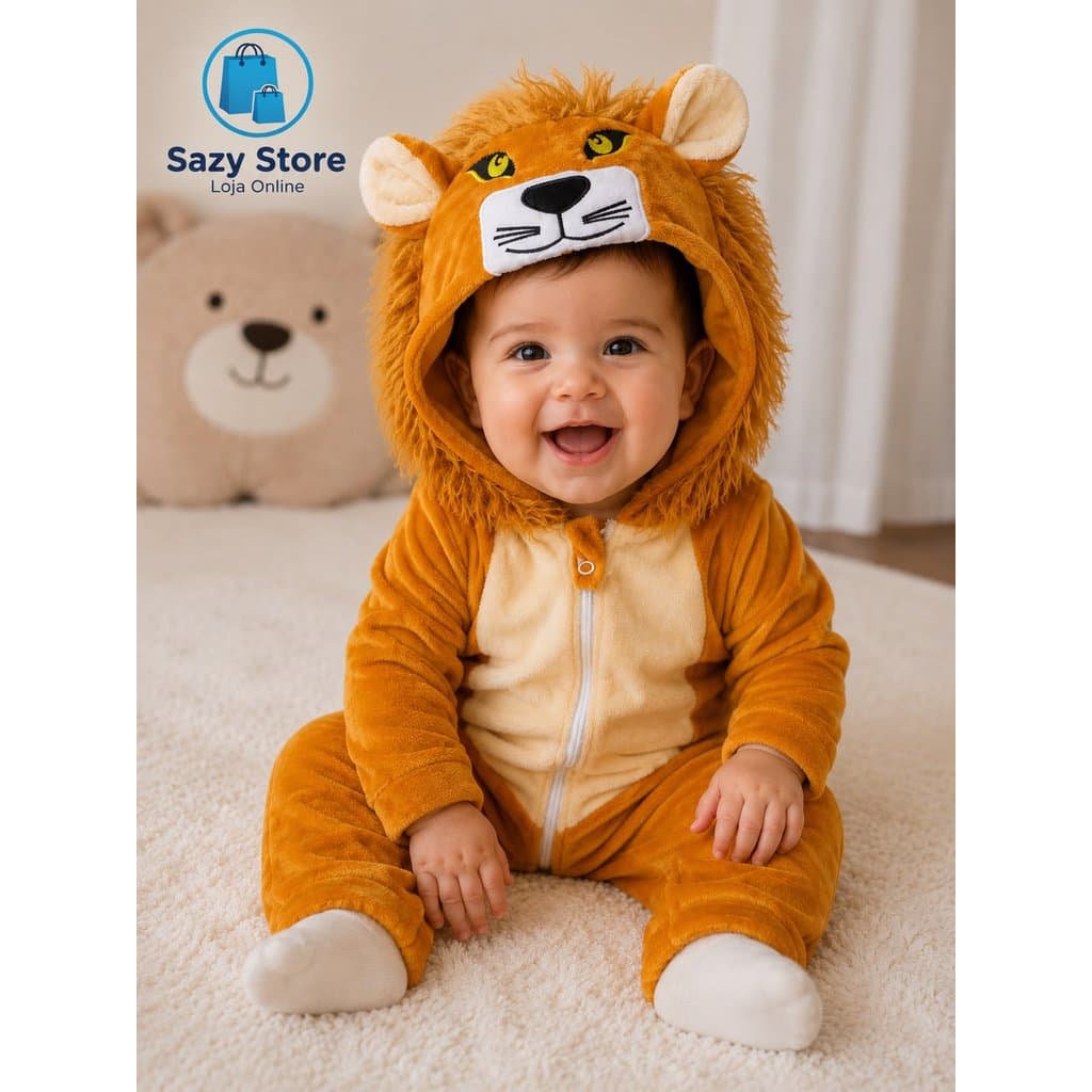 Kigurumi Leão Bebê Macacão Fantasia Infantil Unissex Plush Quentinho Com Capuz 0 a 30 Meses Pronta Entrega