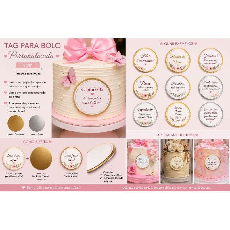 Tag para Bolo Personalizada com Frase | Aplique Redondo 8 cm | Papel Fotográfico + Lamicote Dourado ou Prata