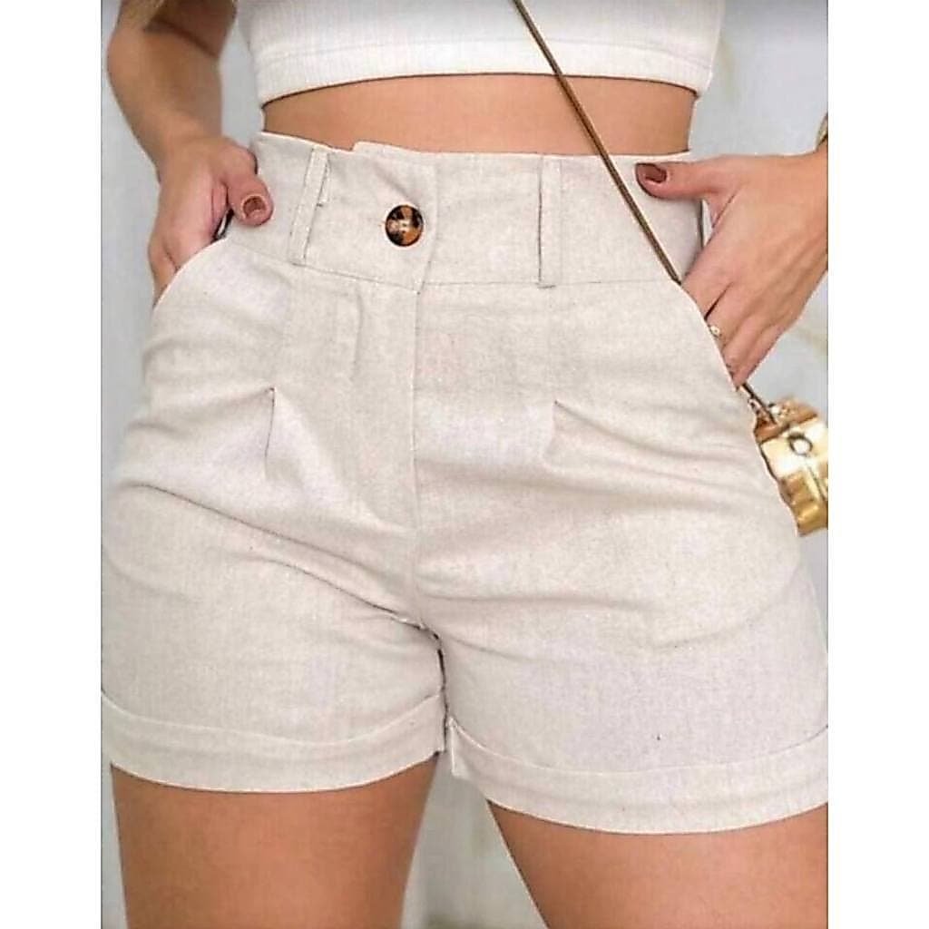 Short Feminino Social Linho Cintura Alta Elegante