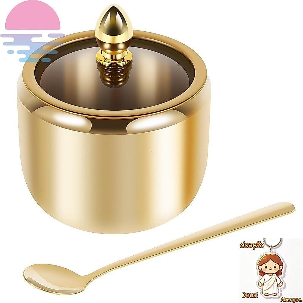 Recipiente De Açúcar De Aço Inoxidável 304 Com Tampa De Vidro Transparente E Colher Açucareiro Dourado Frasco 10 Onças C