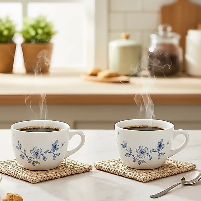Jogo 6 Xícaras de Vidro Decoradas Florid Vine 130ml Floral Branca Elegante para Café Chá Cappuccino Mesa Posta Luxo