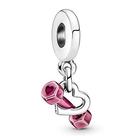 Berloque 100% prata 925 no formato de halter/haltere/peso de academia rosa com coração prata cod 8