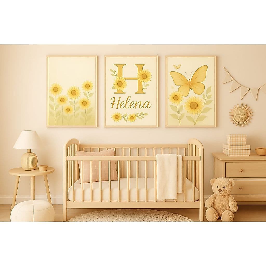 Kit Quadros Decorativos 3 Peças Nome Personalizado Menina Letra Girassol Borboleta Amarelo Bebê Girl