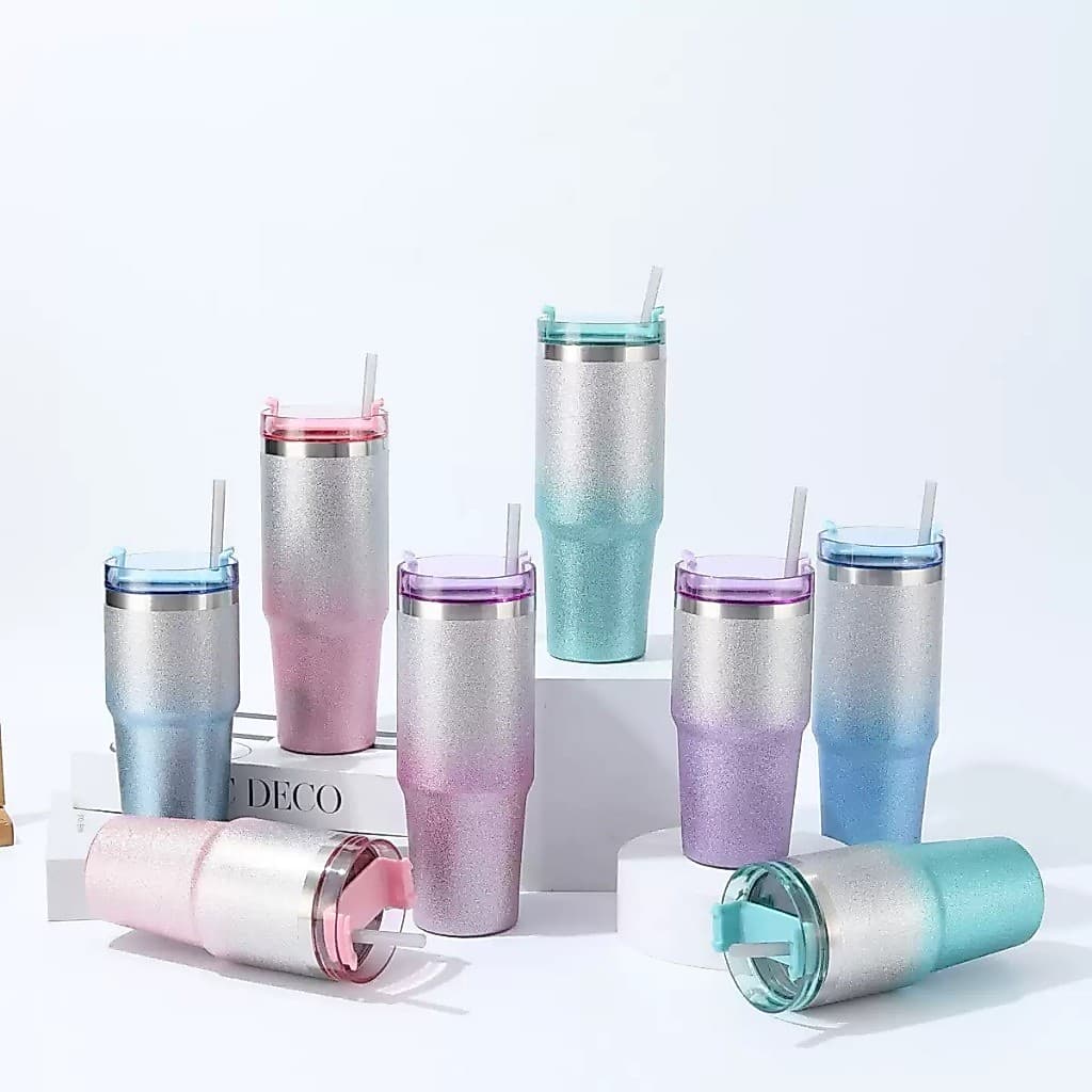 Copo de Aço inoxidável  Glitter Brilho Dupla Camada 900ml Canudo Tampa