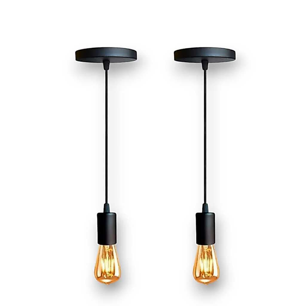 Kit 2 Pendentes Luminárias Vintage Retrô Industrial Fio Preto Cabo 1 Metro Regulável Soquete Liso