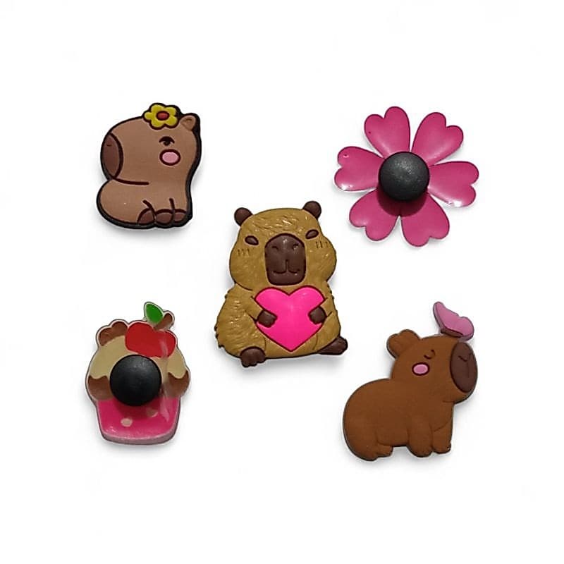 5 pins/bottons para sandálias babuches personalizadas capivara calçados flor