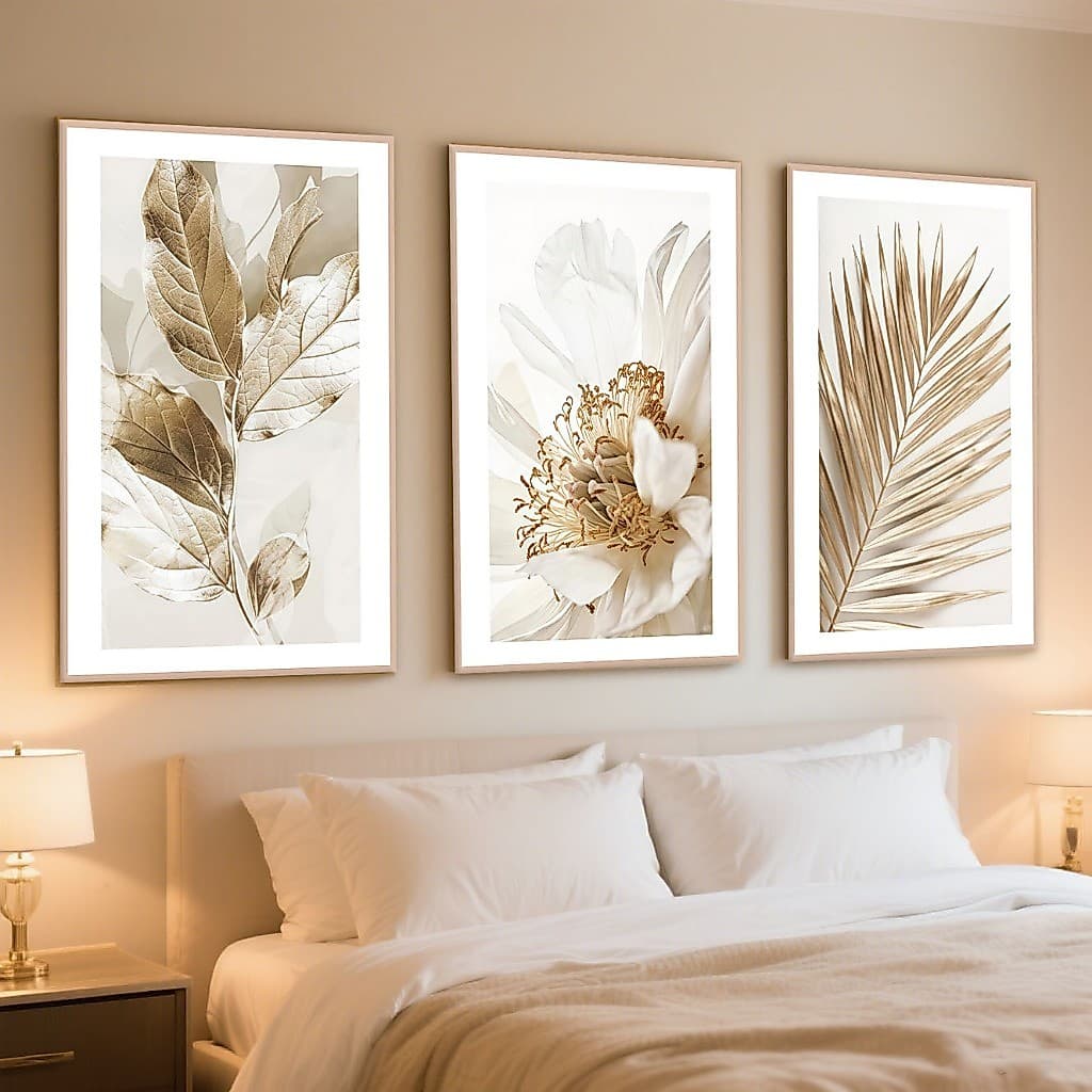 Kit 3 Quadros Decorativos Folhagem Dourada 40X60 cm Sala Grande Moderno