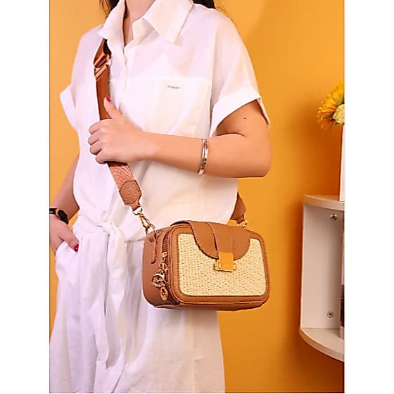 Bolsa Transversal Feminina L0028 Estilo Palha com Alça Ajustável e Fecho Moderno