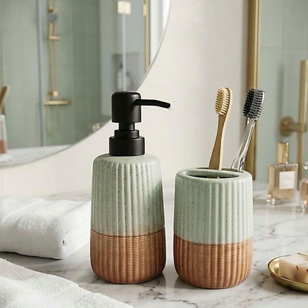 Kit Banheiro Lavabo 2 Peças Cielo 360ml Branco ou Verde Cerâmica Porta Sabonete Líquido Porta Escova