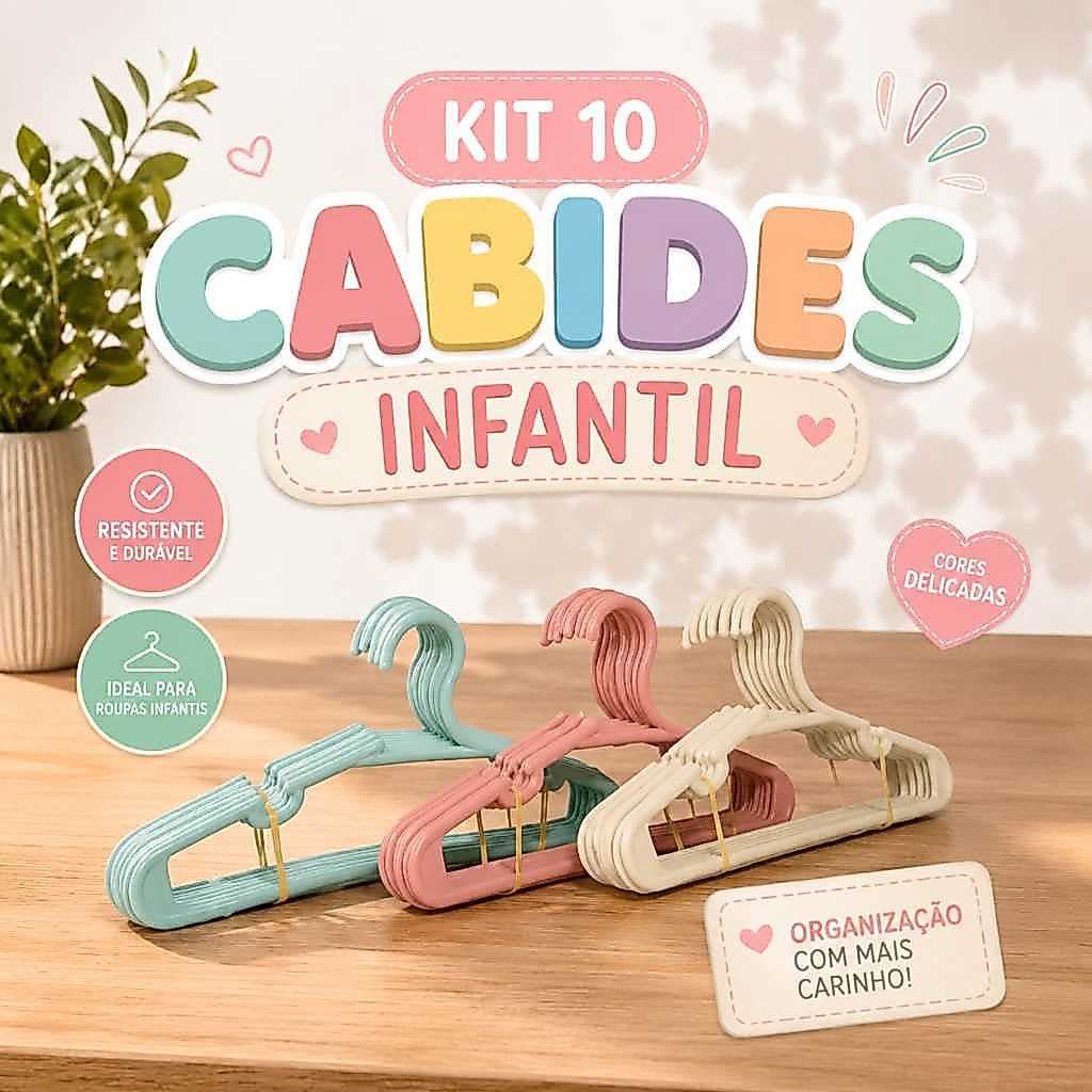 Kit 10 Cabides Infantil Bebê Reforçado Antiderrapante Plástico Resistente Organizador de Roupas