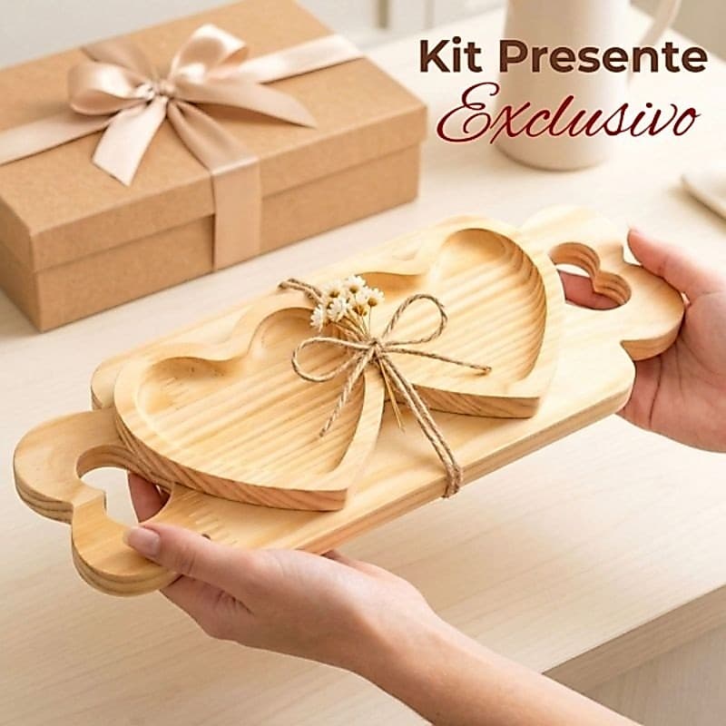 Kit Presente Criativo Tábua  Coração e Petisqueira Madeira Mesa Posta Premium